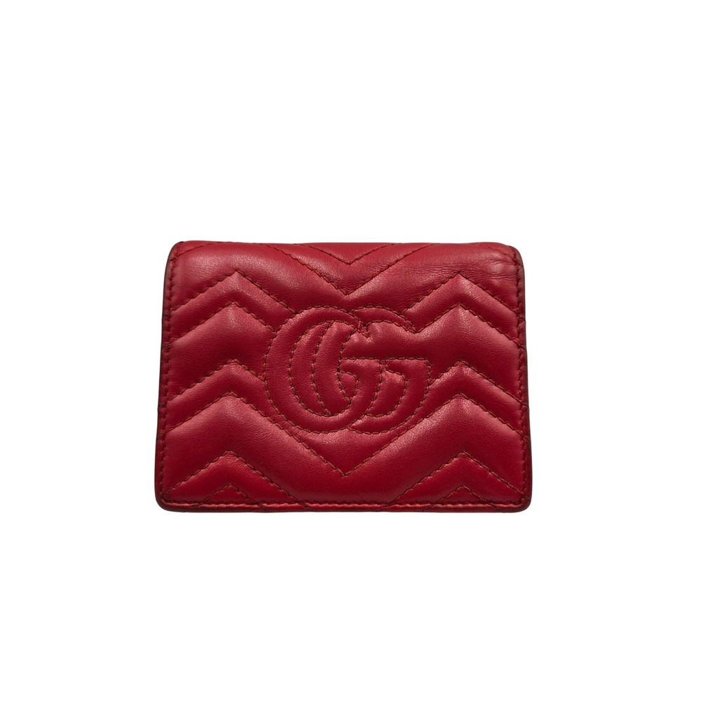 Gucci Marmont Red Leather Card Case Wallet Chevron Bifold Authentic - Picture 2 of 12